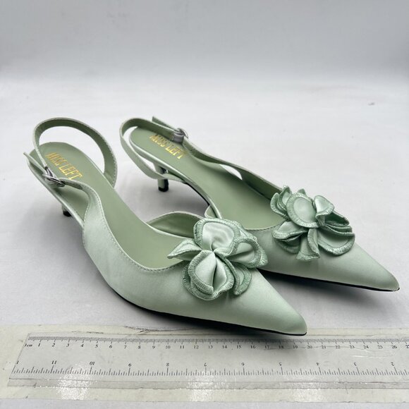 miss left Light Green Flower Pointed Toe Satin Slingback Slip on Low Heel Pumps - Picture 4 of 8